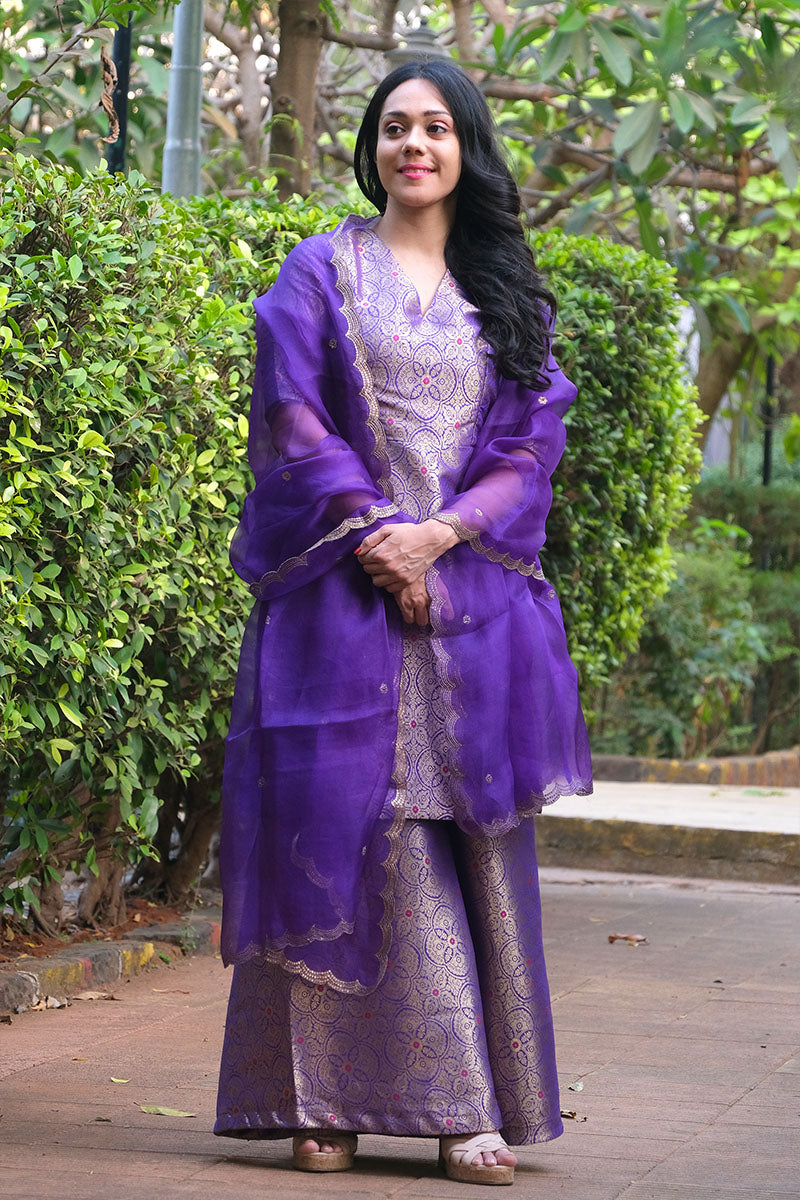 Deep Purple Woven Banarasi Silk Suit Set  By Chinaya Banaras 