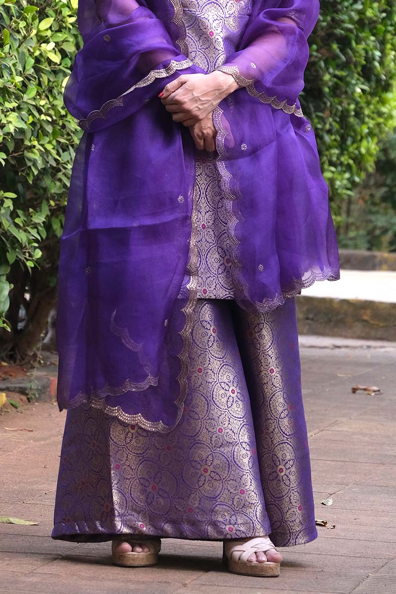Purple Woven Banarasi Silk Sharara Suit Set at Chinaya Banaras