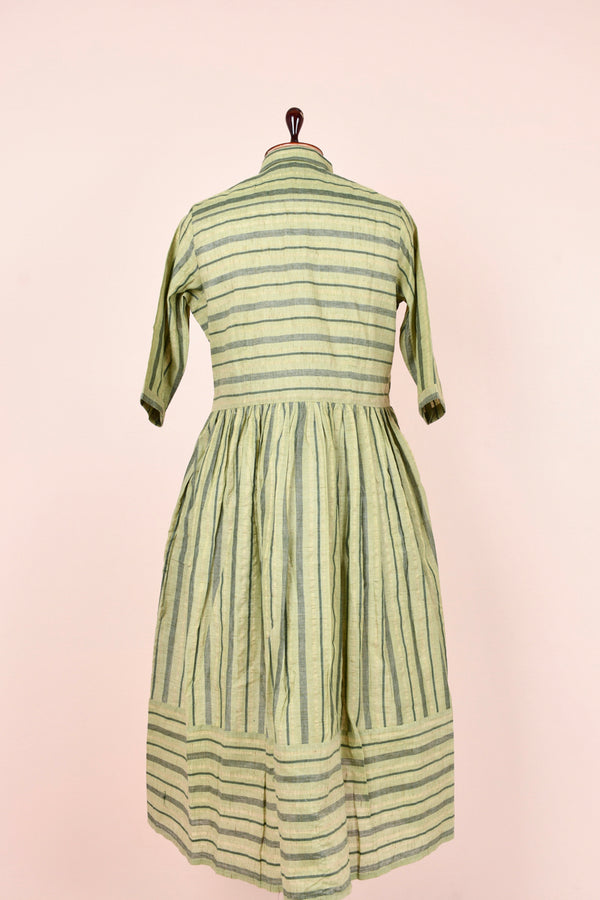 Castleton Green Striped Woven Cotton Dress - Chinaya Banaras