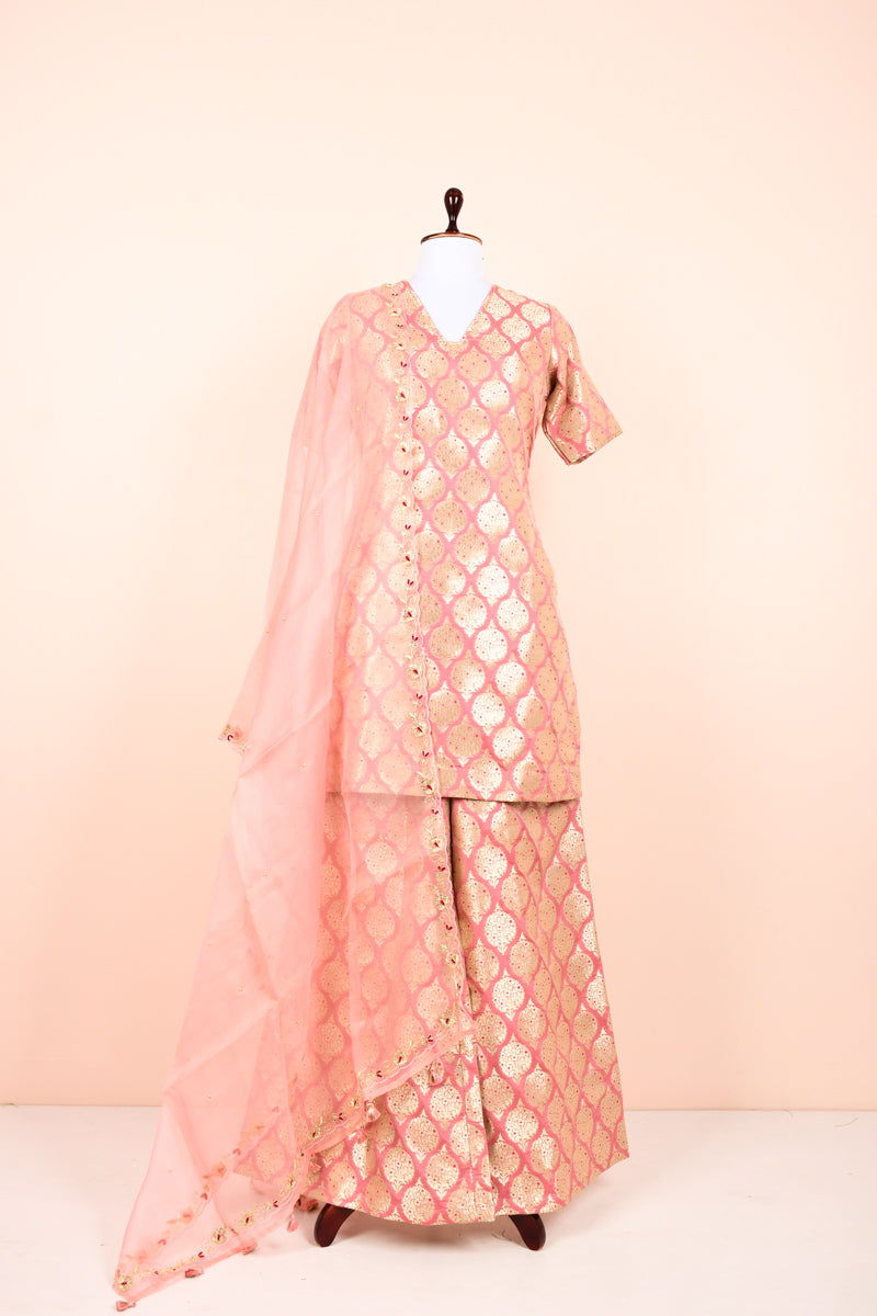 Baby Pink Handwoven Banarasi Silk Suit Set By Chinaya Banaras
