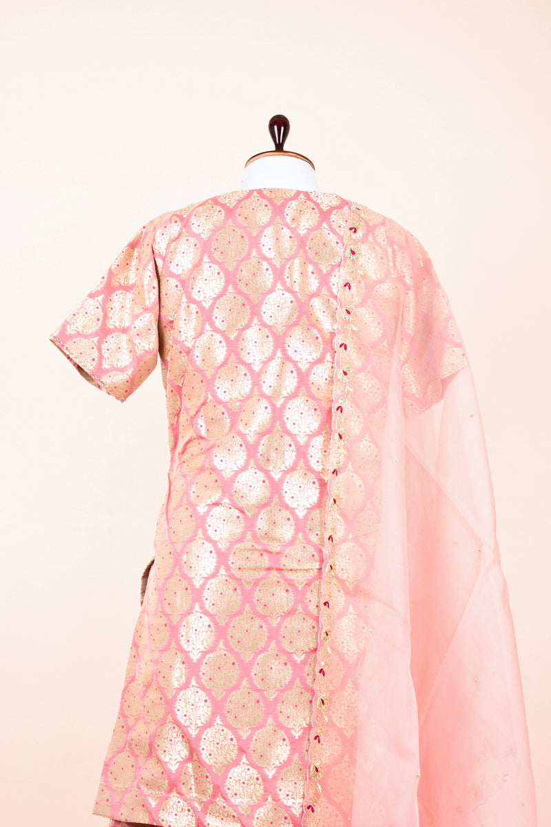 Baby Pink Handwoven Banarasi Silk Suit Set - Chinaya Banaras
