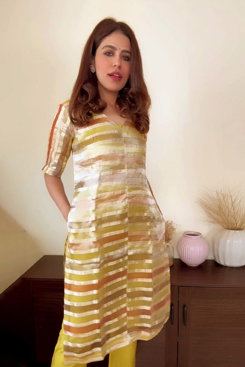 Yellow Rangkat Tissue Silk Kurta suit Set by Chinaya