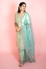 Turquoise Blue Handwoven Banarasi Silk Suit Set By Chinaya Banaras 