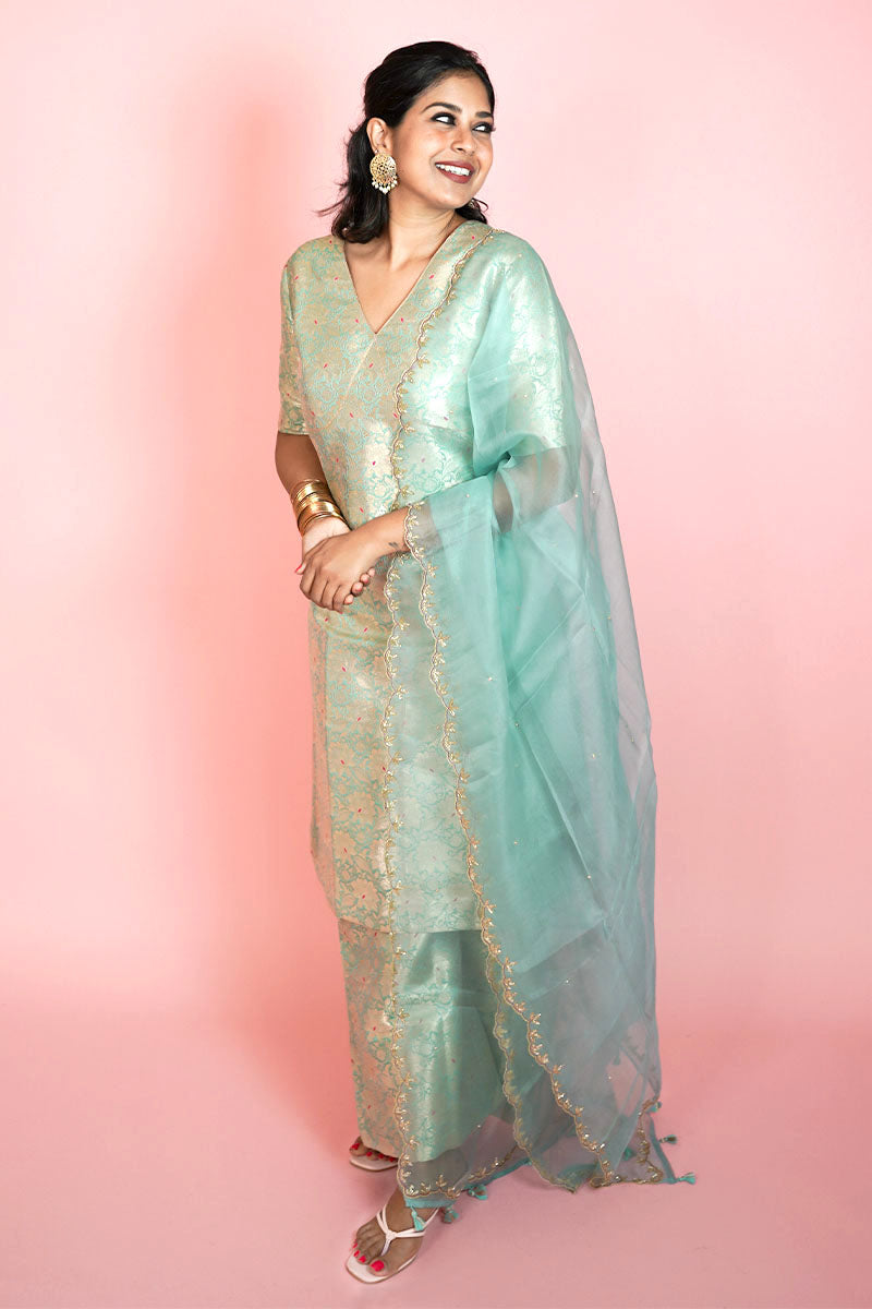 Turquoise Blue Handwoven Banarasi Silk Suit Set By Chinaya Banaras 