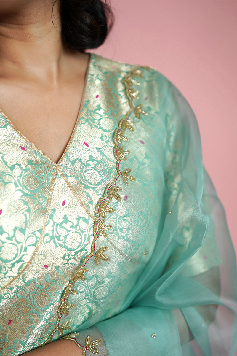Turquoise Blue Handwoven  Banarasi Silk Suit Set