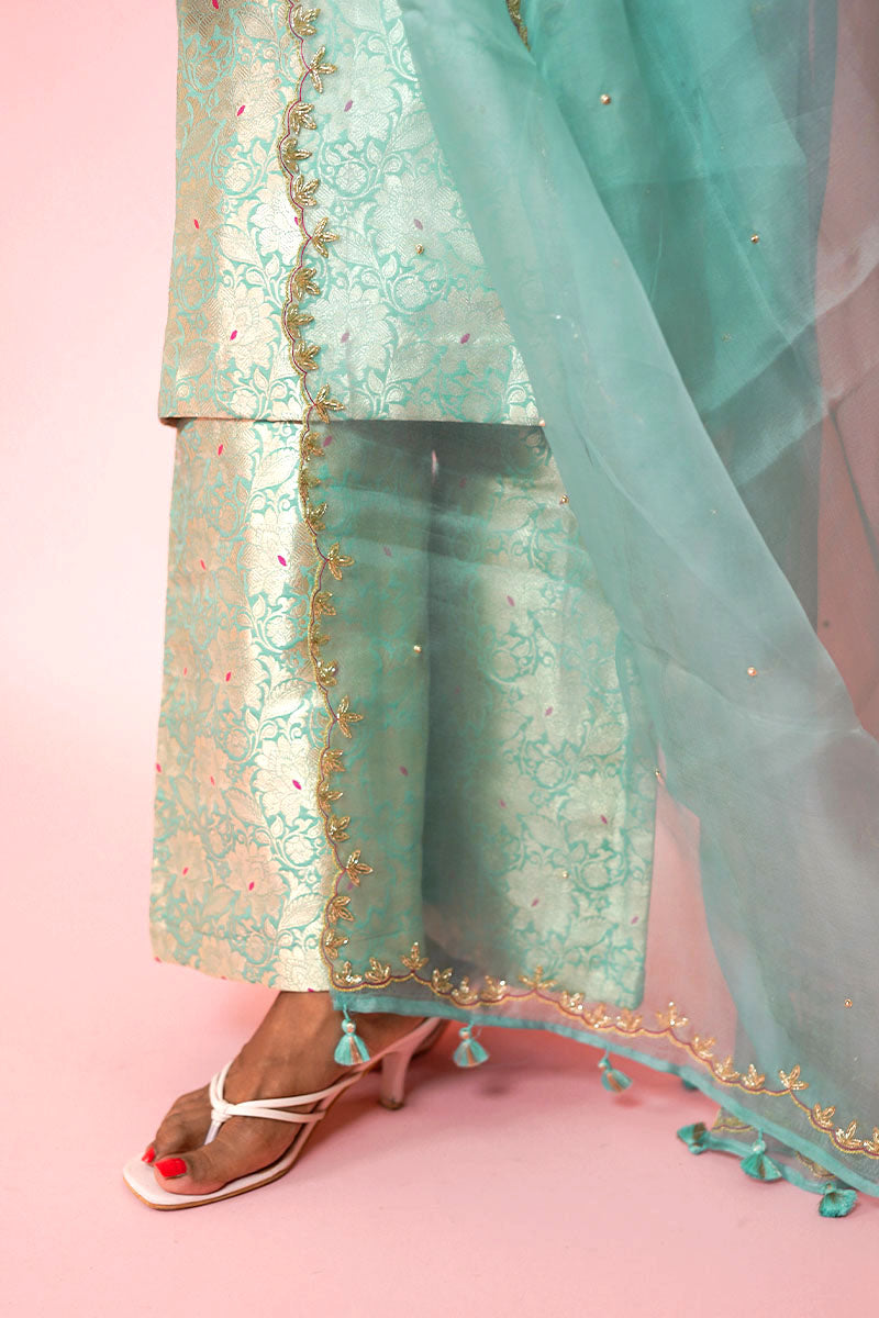 Turquoise Blue Handwoven  Banarasi Silk Suit Set