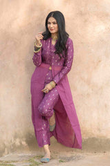 Violet Purple Mulberry & Georgette Silk Co-Ord Set By Chinaya Banaras 
