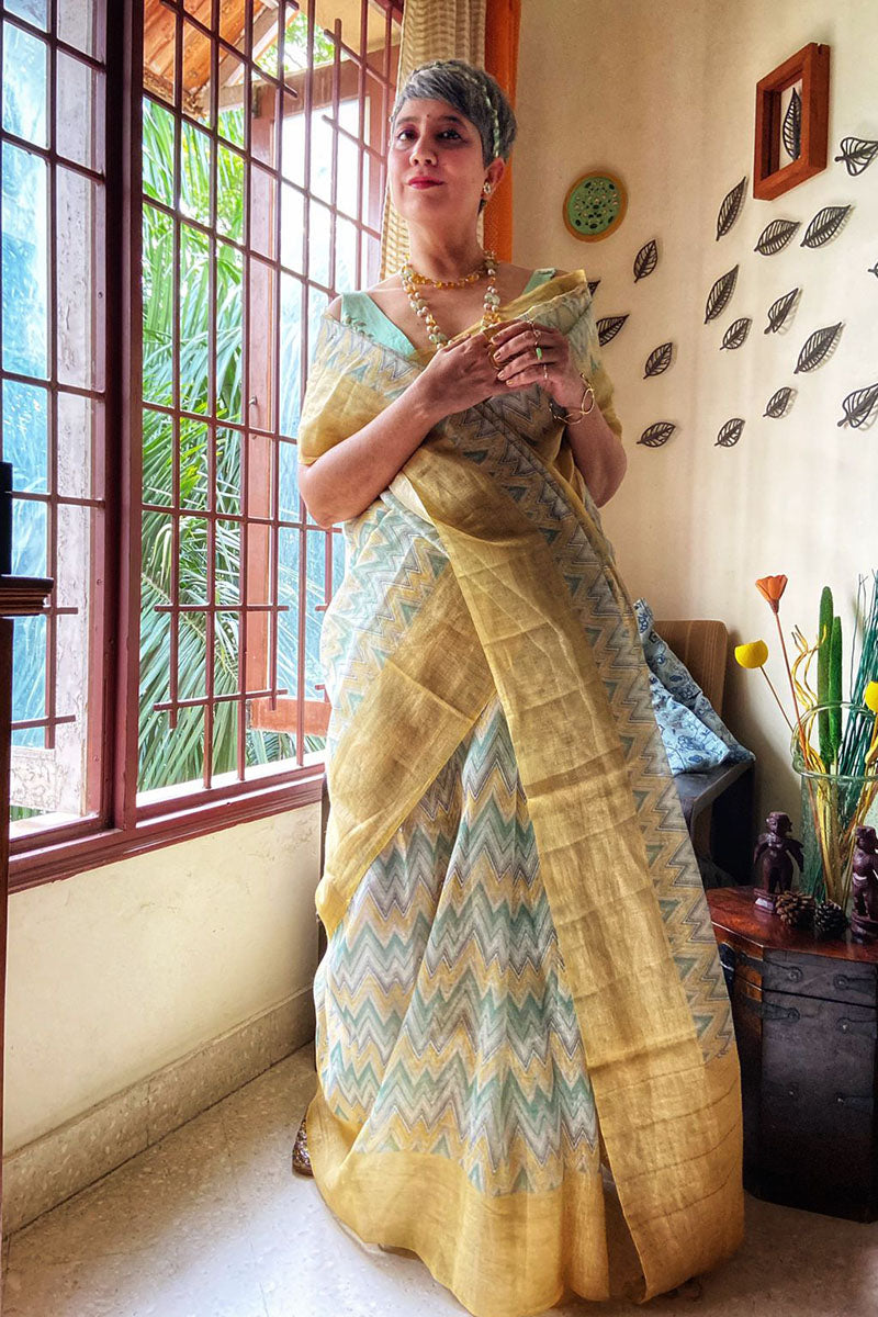 Yellow & Mint Green Geometrical Printed Linen Saree At Chinaya Banaras