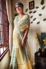 Nupur Amarnath In Yellow & Mint Green Geometrical Printed Linen Saree - Chinaya Banaras