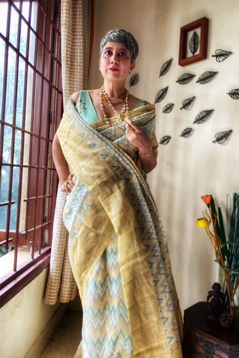 Nupur Amarnath In Yellow & Mint Green Geometrical Printed Linen Saree - Chinaya Banaras