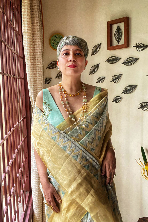 Nupur Amarnath In Yellow & Mint Green Geometrical Printed Linen Saree