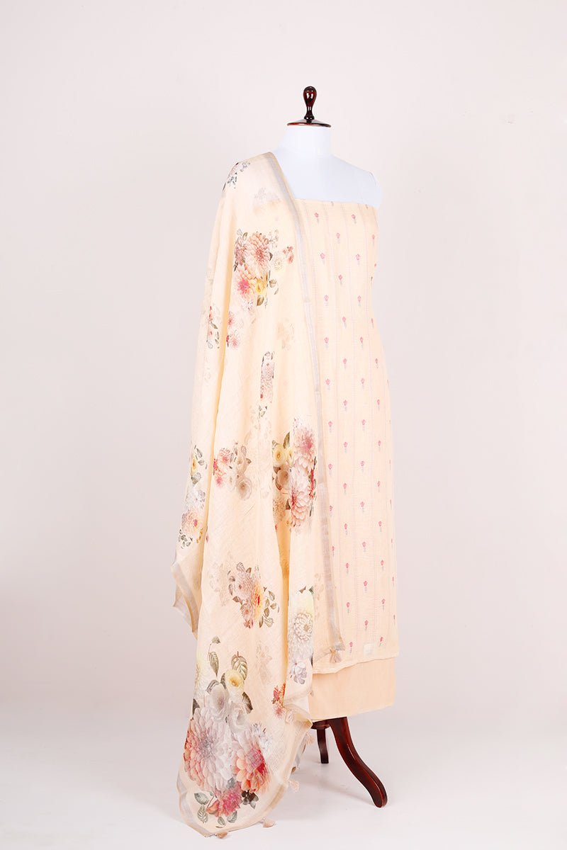 Apricot Peach Embroided Floral Printed Linen Silk Dress Material - Chinaya Banaras