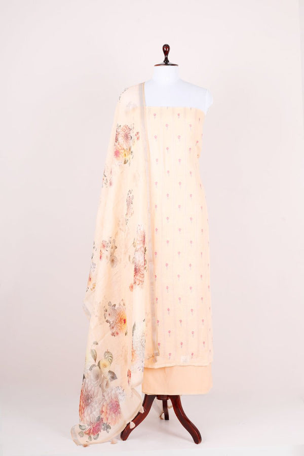 Apricot Peach Embroided Floral Printed Linen Silk Dress Material - Chinaya Banaras