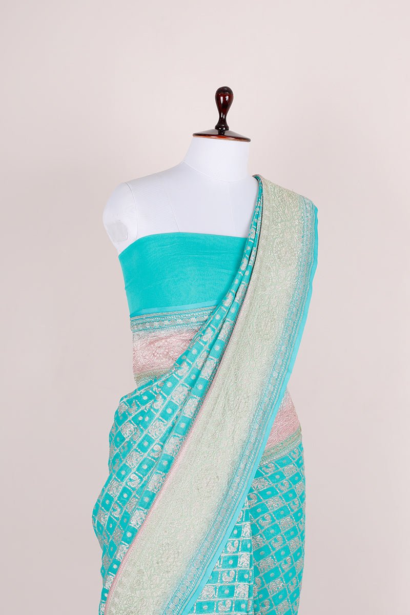 Aqua Blue Handoven Georgette khaddi Silk Saree - Chinaya Banaras