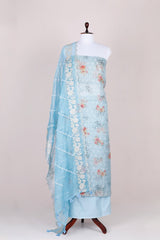 Baby Blue Floral Printed Organza Silk Dress Material - Chinaya Banaras