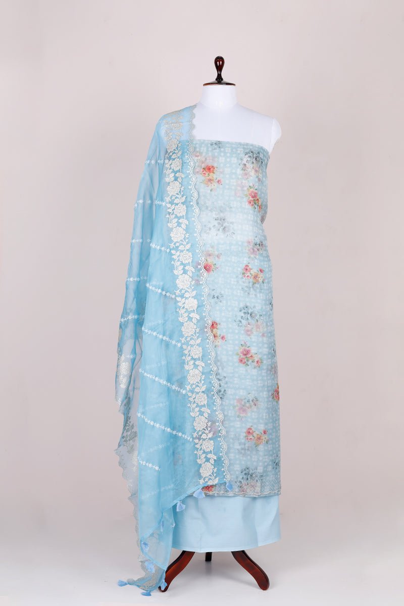 Baby Blue Floral Printed Organza Silk Dress Material - Chinaya Banaras