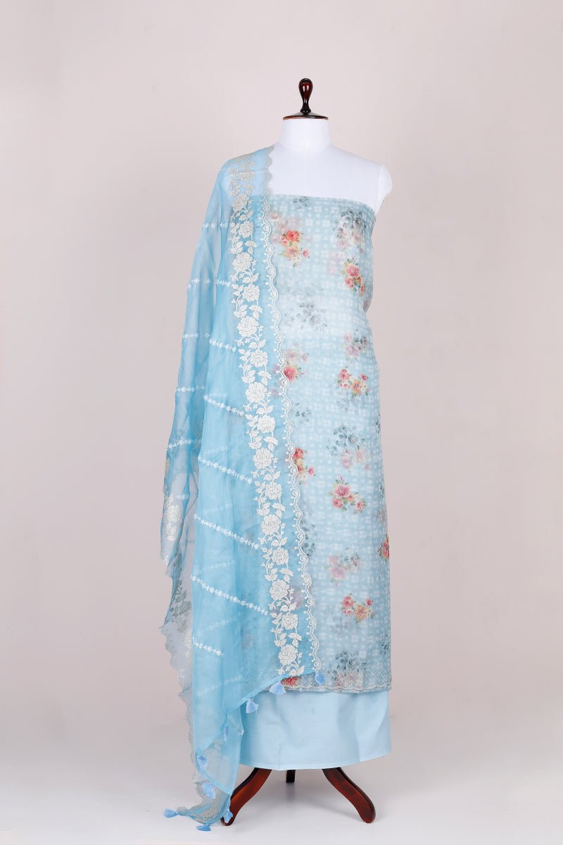 Blue Floral Printed Organza Silk Suit Set At Chinaya Banaras