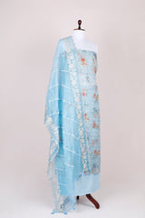 Baby Blue Floral Printed Organza Silk Dress Material - Chinaya Banaras