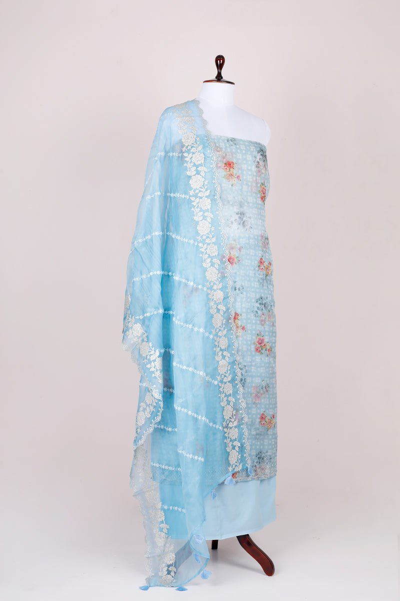 Baby Blue Floral Printed Organza Silk Dress Material - Chinaya Banaras