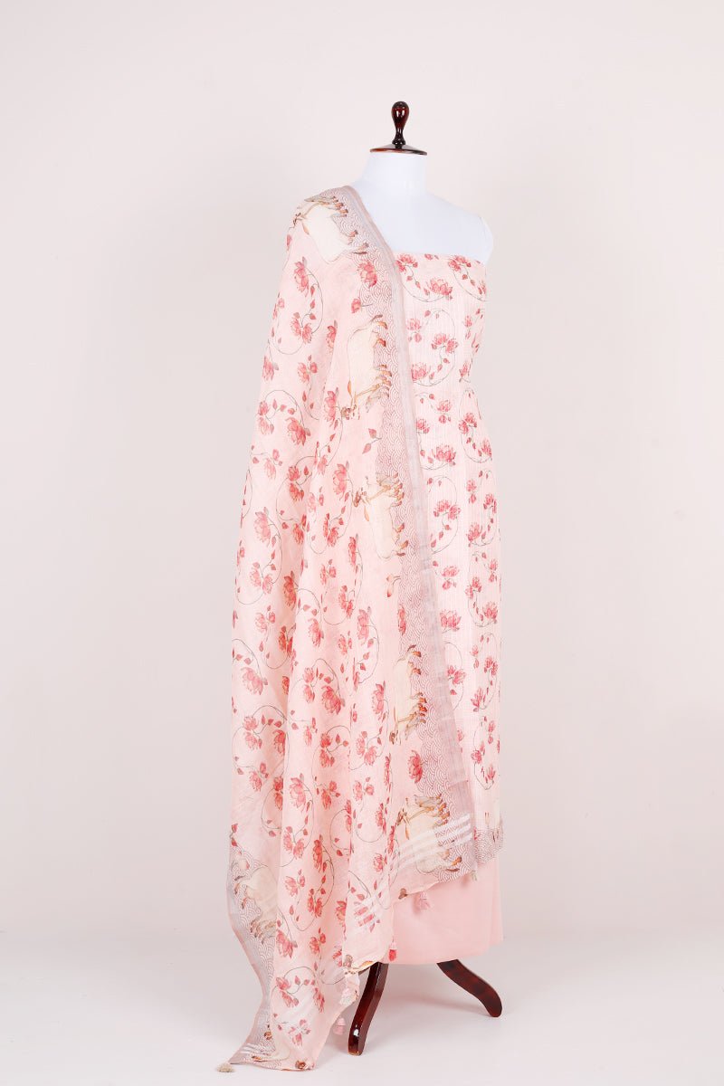 Baby Pink Pichwai Printed Linen Silk Dress Material - Chinaya Banaras