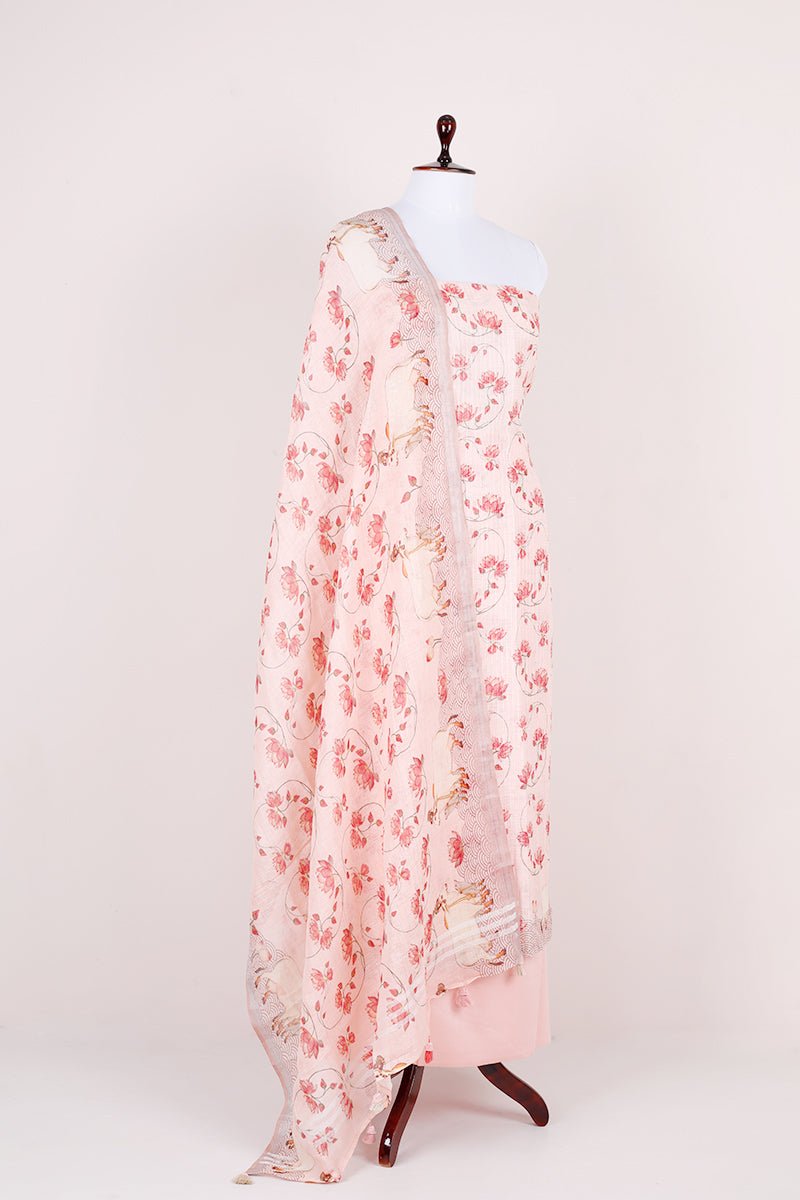 Baby Pink Pichwai Printed Linen Silk Dress Material - Chinaya Banaras