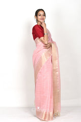 Baby Pink Stripe Woven Banarasi Cotton Saree - Chinaya Banaras