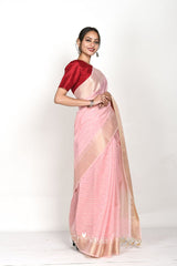Baby Pink Stripe Woven Banarasi Cotton Saree - Chinaya Banaras