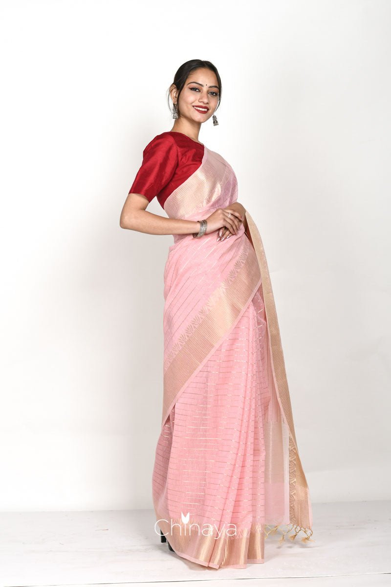 Baby Pink Stripe Woven Banarasi Cotton Saree - Chinaya Banaras