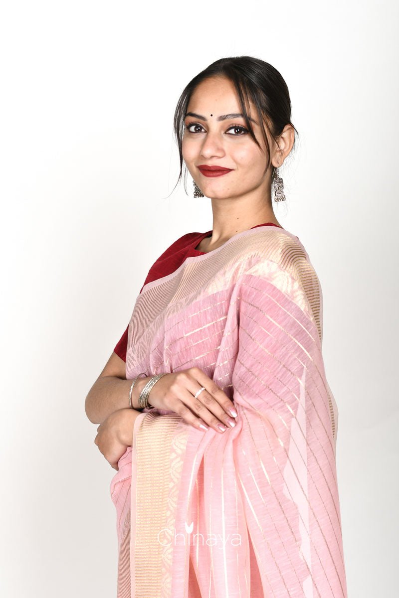 Baby Pink Stripe Woven Banarasi Cotton Saree - Chinaya Banaras