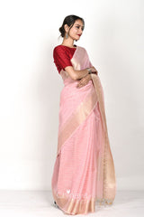 Baby Pink Stripe Woven Banarasi Cotton Saree - Chinaya Banaras
