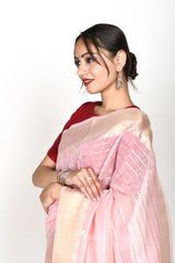 Baby Pink Stripe Woven Banarasi Cotton Saree - Chinaya Banaras