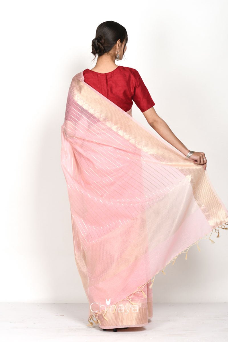 Baby Pink Stripe Woven Banarasi Cotton Saree - Chinaya Banaras
