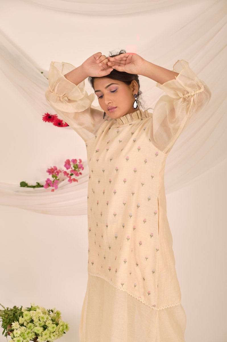 Beige Embroidered Soot Organza Dress - Chinaya Banaras