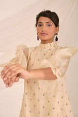 Beige Embroidered Soot Organza Dress - Chinaya Banaras