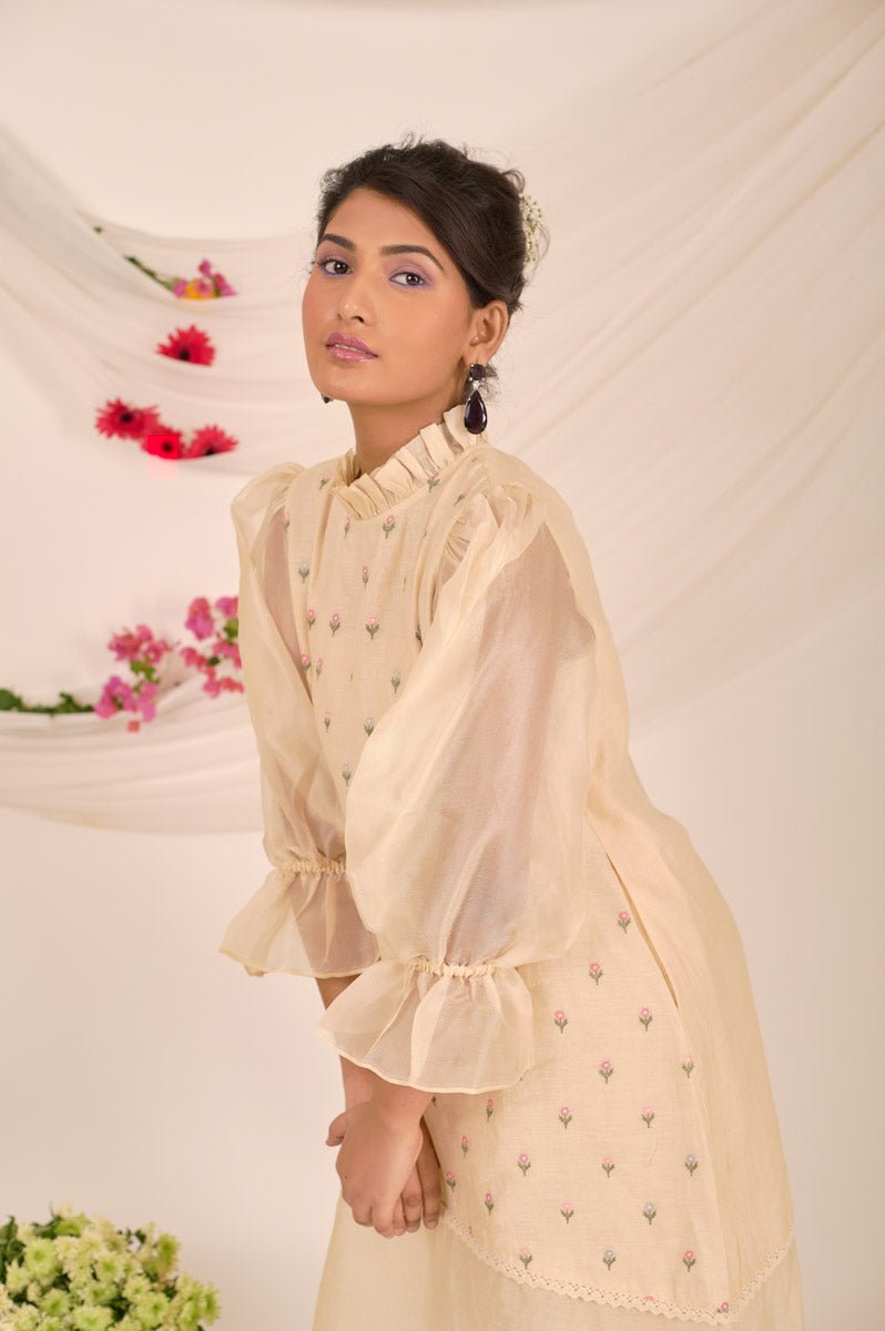 Beige Embroidered Soot Organza Dress - Chinaya Banaras