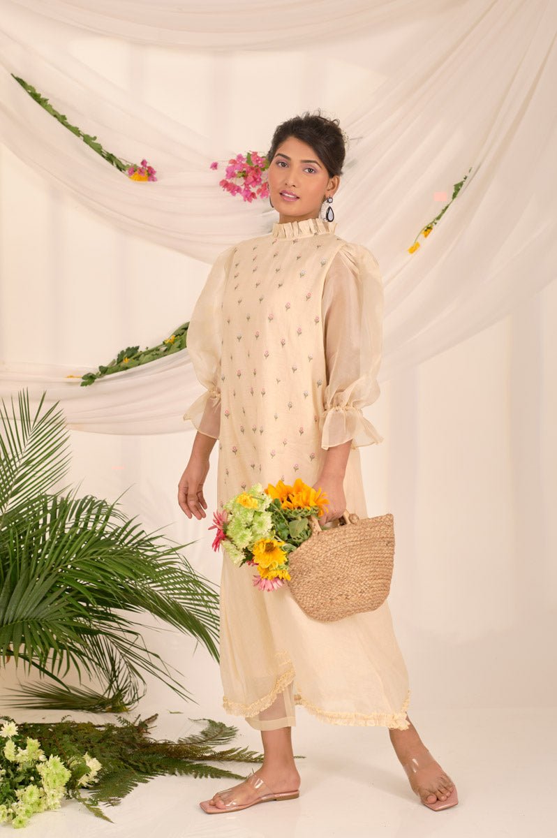Beige Embroidered Soot Organza Dress - Chinaya Banaras