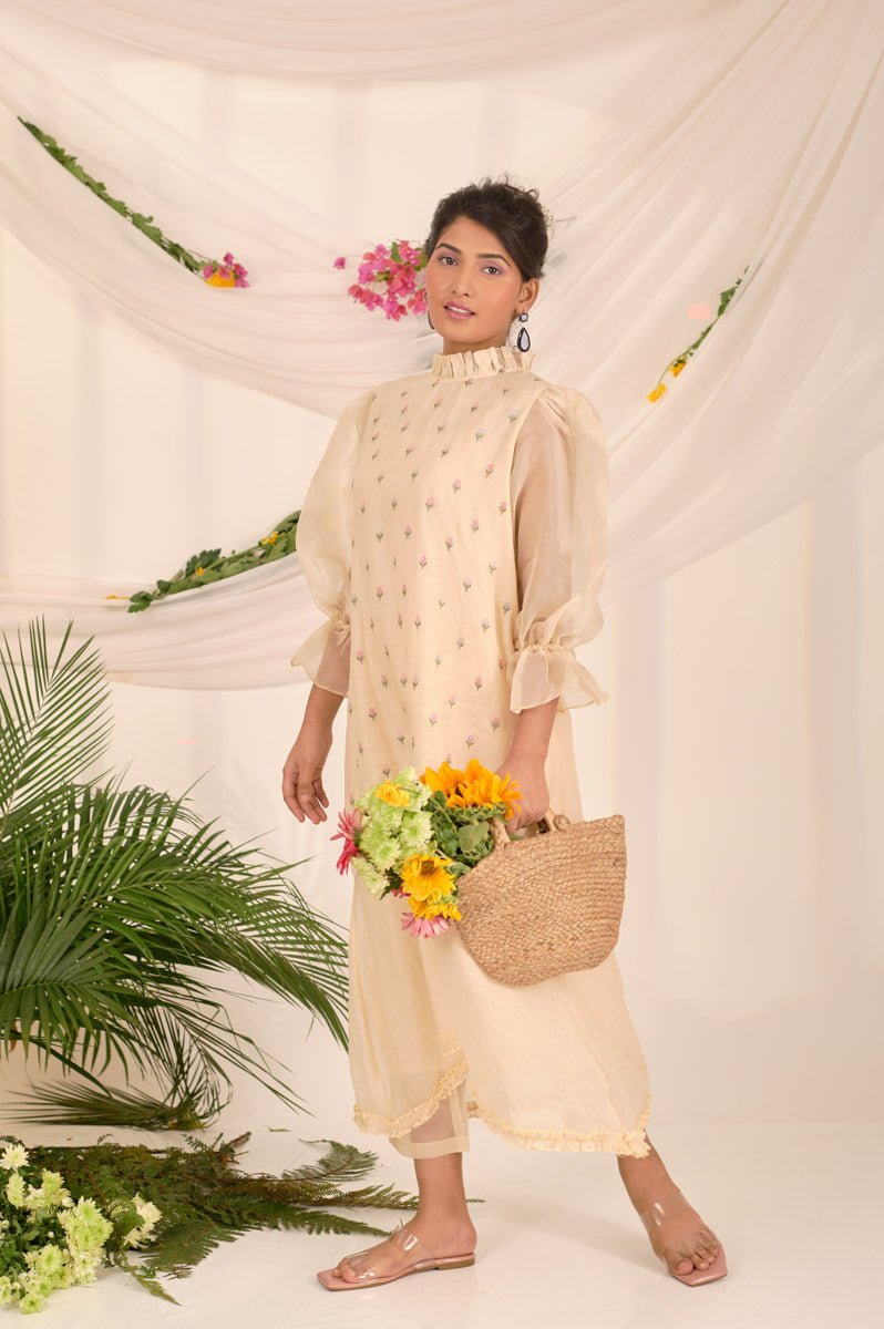 Women In Beige Embroidered Soot Organza Dress At Chinaya Banaras