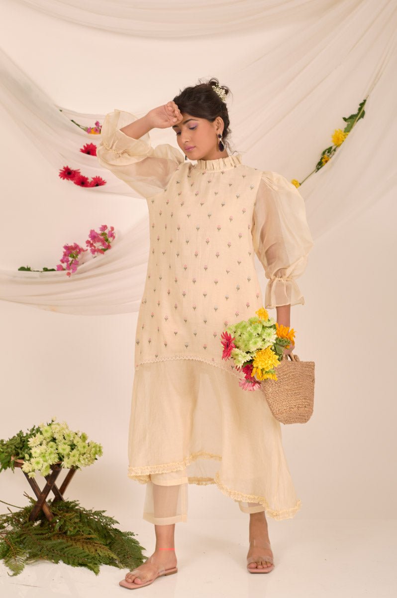 Beige Embroidered Soot Organza Dress - Chinaya Banaras