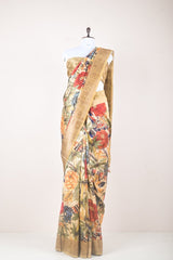 Beige Floral Digital Printed Tussar Silk Saree - Chinaya Banaras