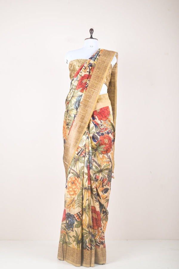 Beige Floral Digital Printed Tussar Silk Saree - Chinaya Banaras