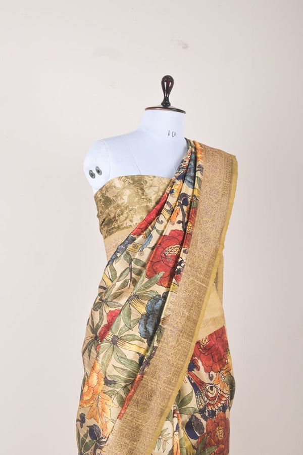 Beige Floral Digital Printed Tussar Silk Saree - Chinaya Banaras