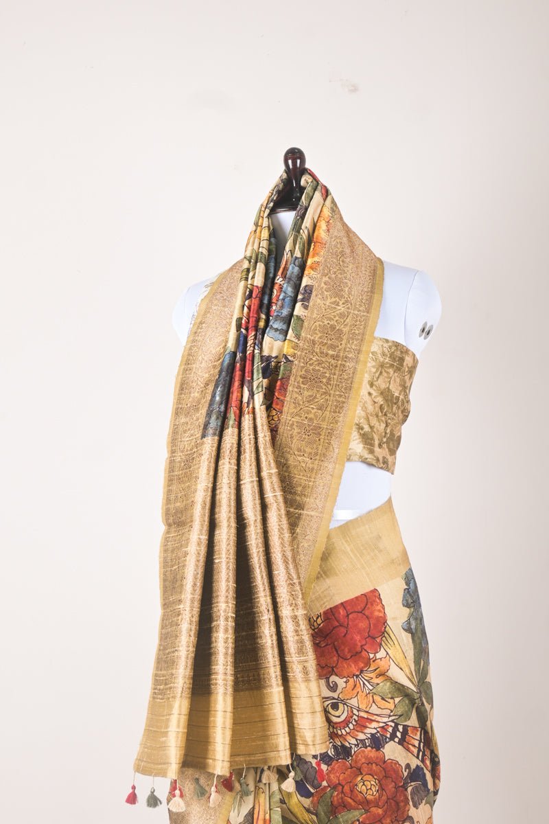 Beige Floral Digital Printed Tussar Silk Saree - Chinaya Banaras
