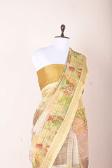 Beige Floral Printed Organza Silk Saree - Chinaya Banaras