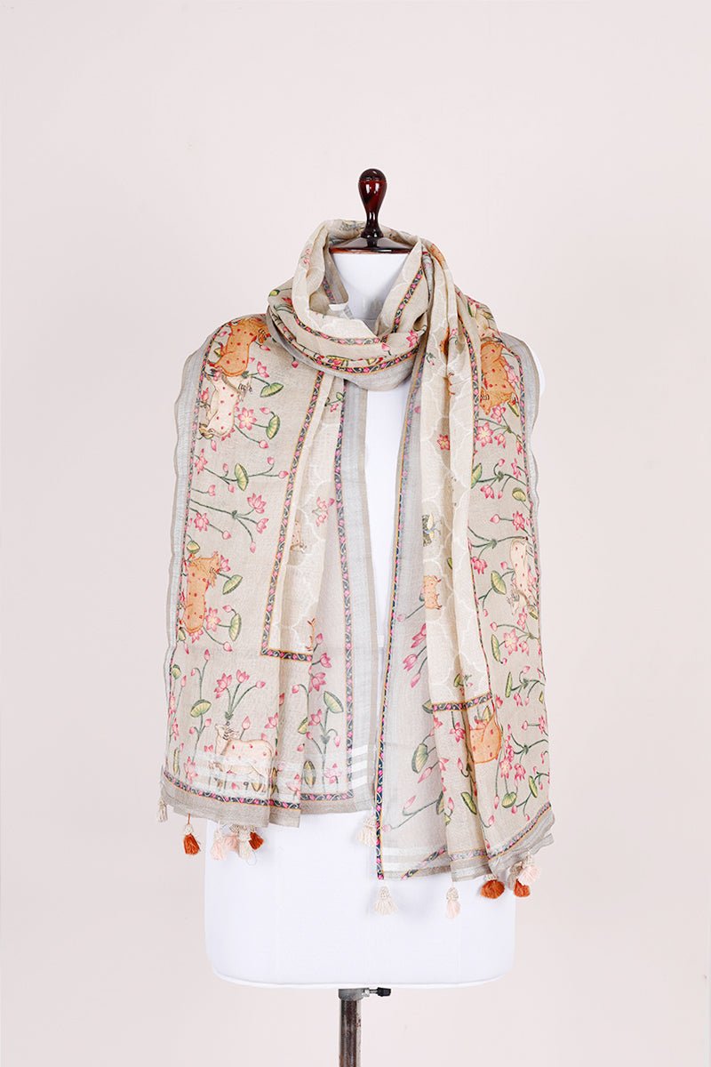 Beige Pichwai Printed Linen Dupatta - Chinaya Banaras