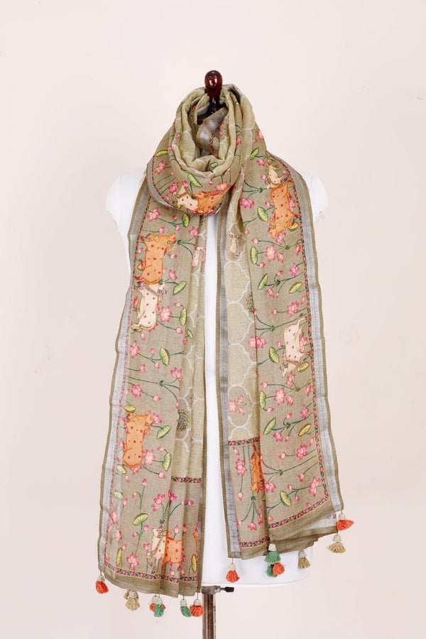 Beige Pichwai Printed Linen Dupatta At Chinaya Banaras