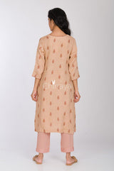 Beige Printed Linen Kurta Pant Set - Chinaya Banaras