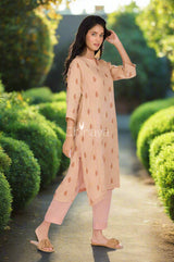 Beige Printed Linen Kurta Pant Set - Chinaya Banaras