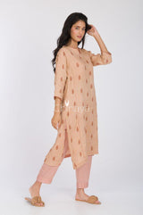 Beige Printed Linen Kurta Pant Set - Chinaya Banaras
