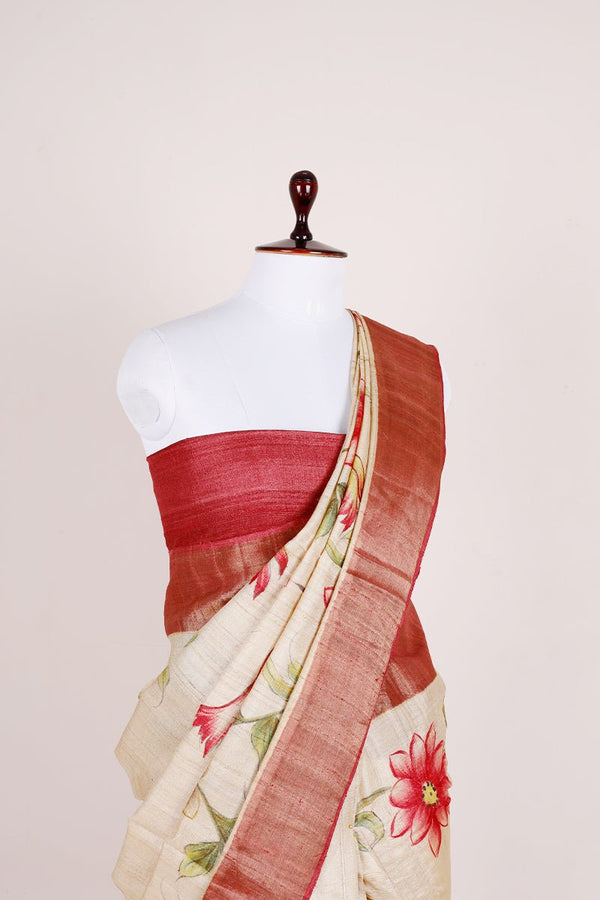 Beige & Red Handpainted Tussar Silk Saree - Chinaya Banaras