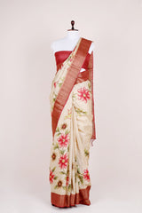 Beige & Red Handpainted Tussar Silk Saree - Chinaya Banaras